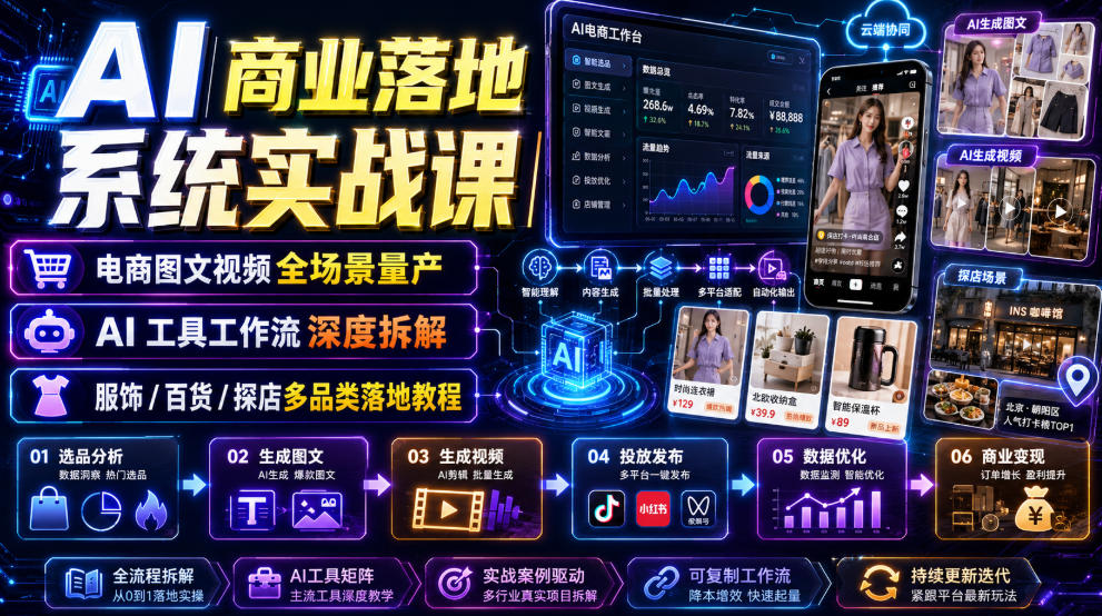 AI商业落地系统实战课｜电商图文视频全场景量产・AI工具工作流深度拆解・服饰/百货/探店多品类落地教程-青禾学社