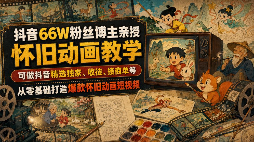 抖音66W粉丝博主亲授怀旧动画教学，可做抖音精选独家、收徒、接商单等，从零基础打造爆款怀旧动画短视频-青禾学社