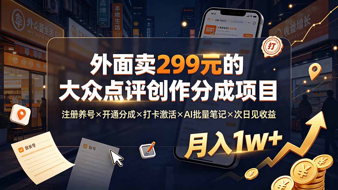 外面卖299元的大众点评创作分成项目：注册养号×开通分成×打卡激活×AI批量笔记×次日见收益，月入1w+-青禾学社