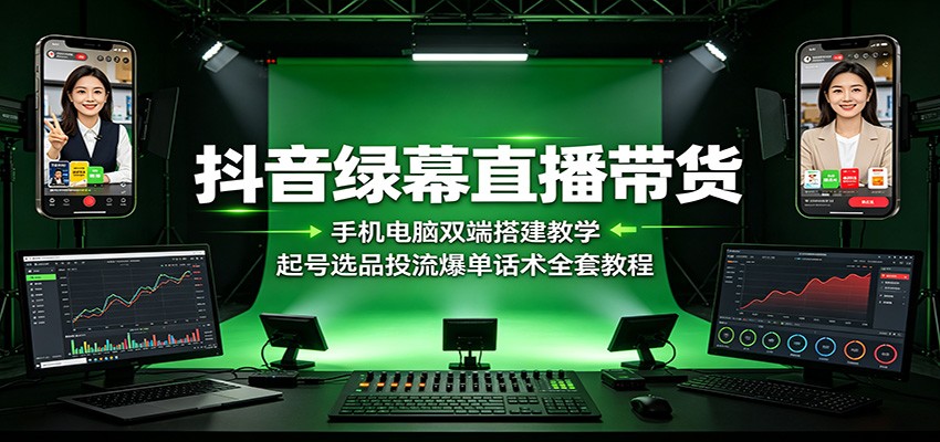 抖音绿幕直播带货：手机电脑双端搭建教学，起号选品投流爆单话术全套教程-青禾学社