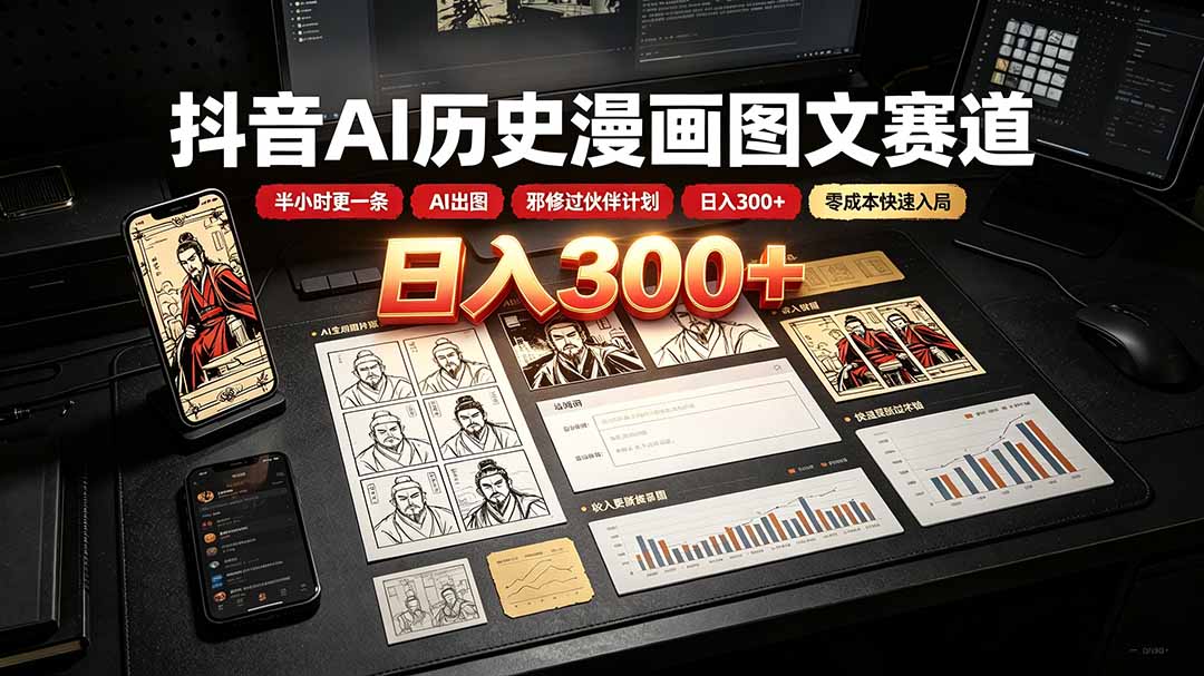 抖音AI历史漫画图文赛道：半小时更一条×AI出图×邪修过伙伴计划×日入300+，零成本快速入局-青禾学社