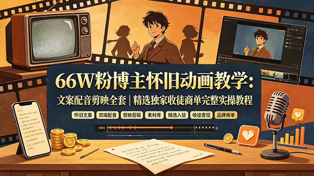 66W粉博主怀旧动画教学:文案配音剪映全套|精选独家收徒商单完整实操教程-青禾学社