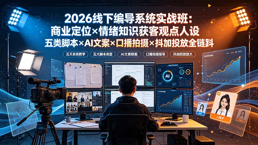2026线下编导系统实战班：商业定位×情绪知识获客观点人设五类脚本×AI文案×口播拍摄×抖加投放全链路-青禾学社