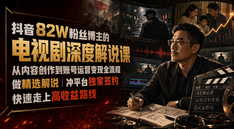 抖音82W粉丝博主的电视剧深度解说课，从内容创作到账号运营变现全流程，做精选解说，冲平台独家签约，快速走上高收益路线-青禾学社