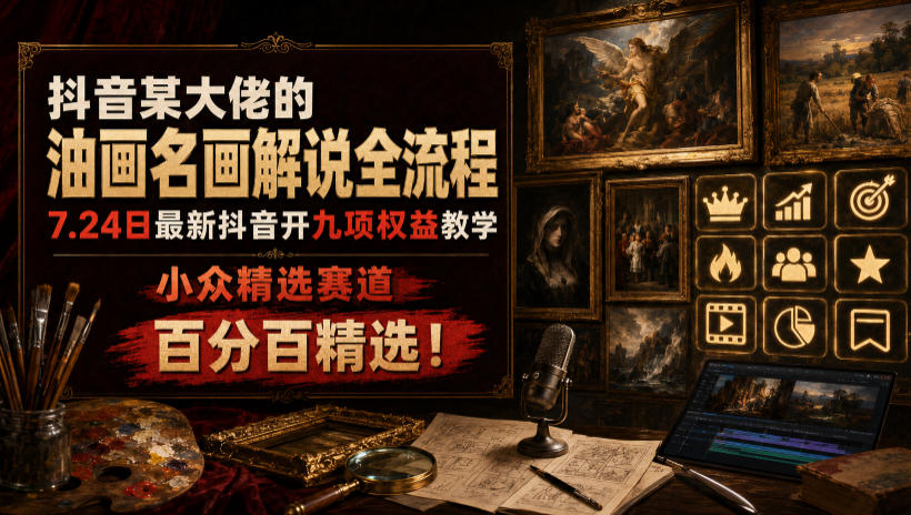 抖音某大佬的油画名画解说全流程，7.24日最新抖音开九项权益教学，小众精选赛道，百分百精选！-青禾学社
