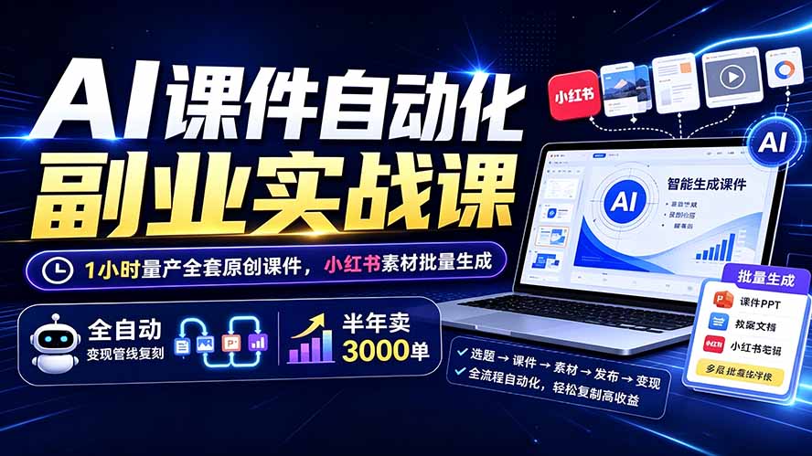 AI课件自动化副业实战课：1小时量产全套原创课件×小红书素材批量生成×全自动变现管线×半年卖3000单-青禾学社