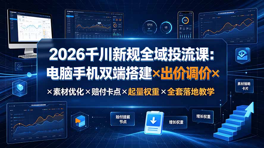 2026千川新规全域投流课：电脑手机双端搭建×出价调价×素材优化×赔付卡点×起量权重×全套落地教学-青禾学社