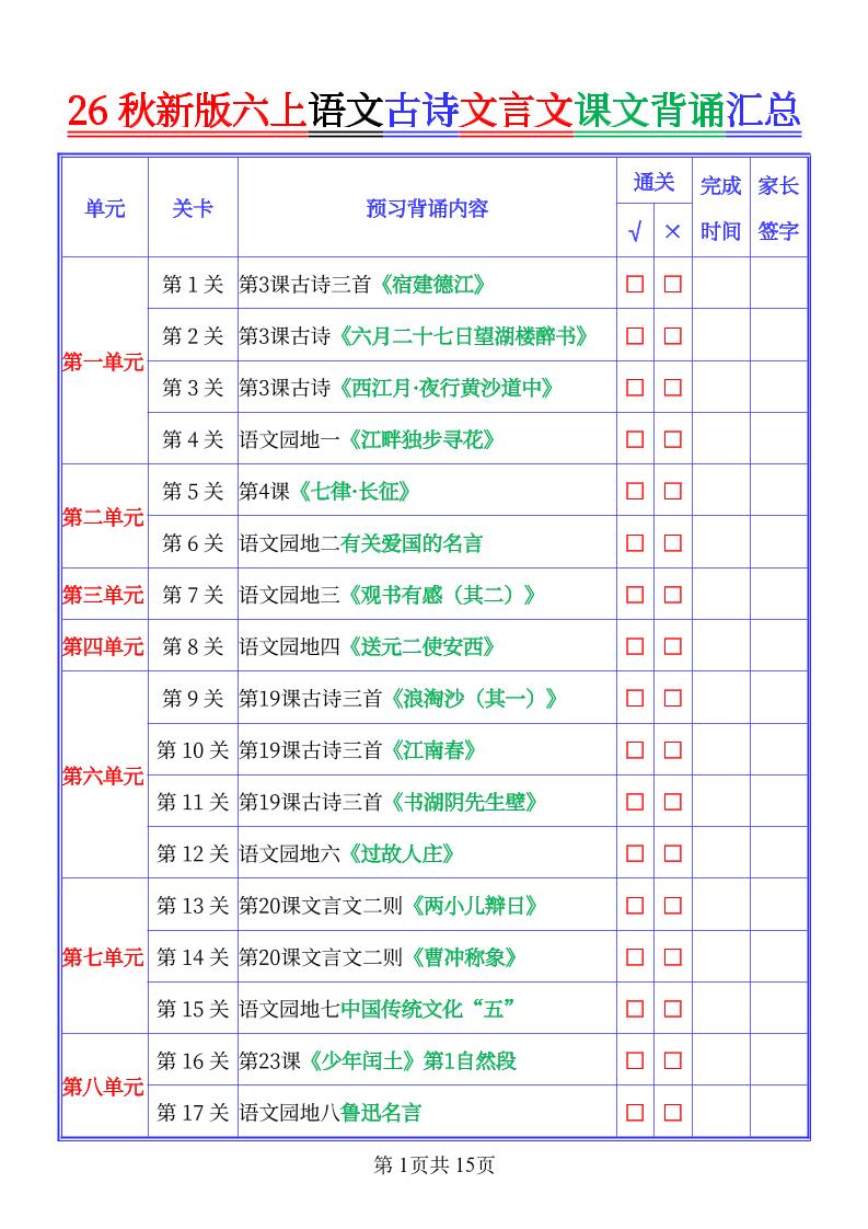 26秋新六上语文古文文言文课文背诵内容汇总-背诵版-青禾学社