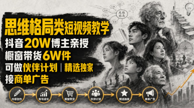 人性思维格局类短视频教学，抖音20W博主亲授，橱窗带货6W件，可做伙伴计划、精选独家、接商单广告-青禾学社