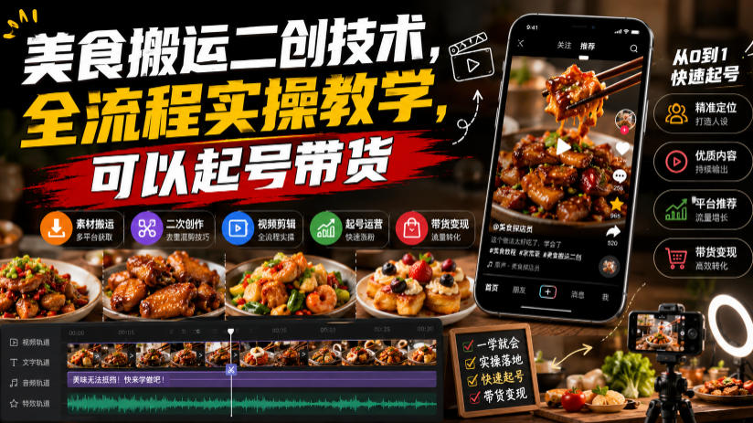 美食搬运二创技术，全流程实操教学，可以起号带货-青禾学社