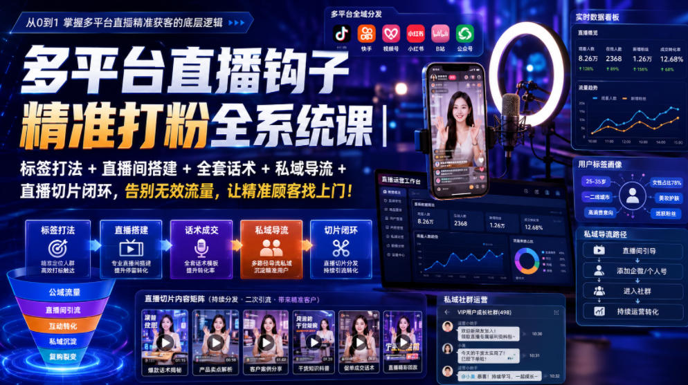 多平台直播钩子精准打粉全系统课｜标签打法+直播间搭建+全套话术+私域导流+直播切片闭环，告别无效流量，让精准顾客找上门！-青禾学社