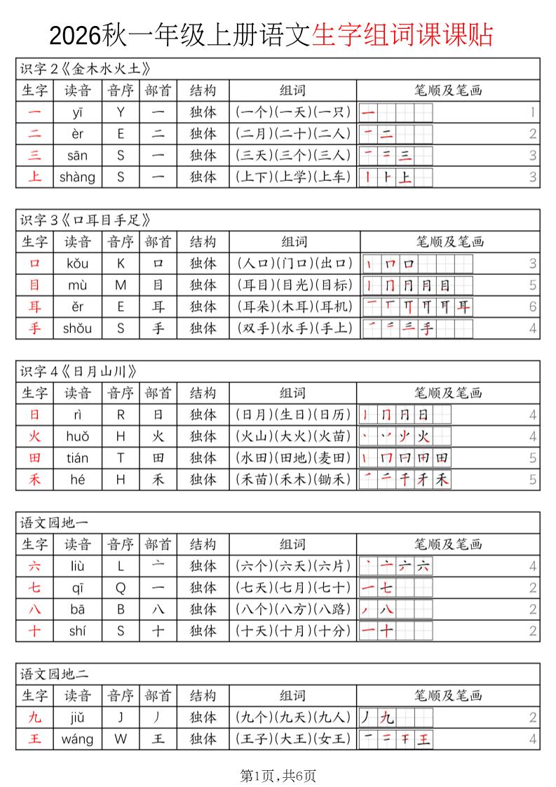 2026秋一上语文暑假预习《生字组词课课贴》-青禾学社