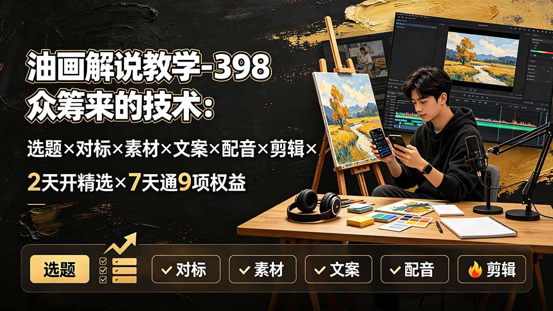 油画解说教学-398众筹来的技术：选题×对标×素材×文案×配音×剪辑×2天开精选×7天通9项权益-青禾学社