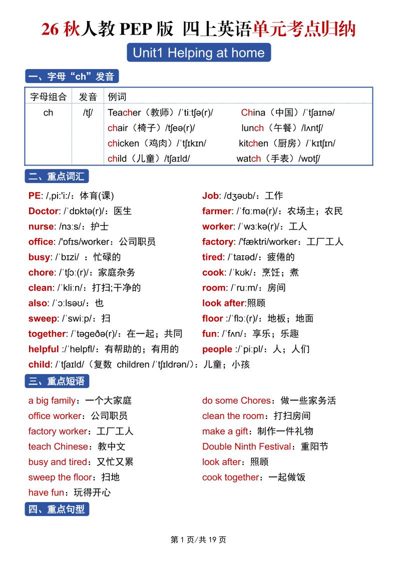 26秋人教PEP版四上英语单元考点归纳19页-青禾学社