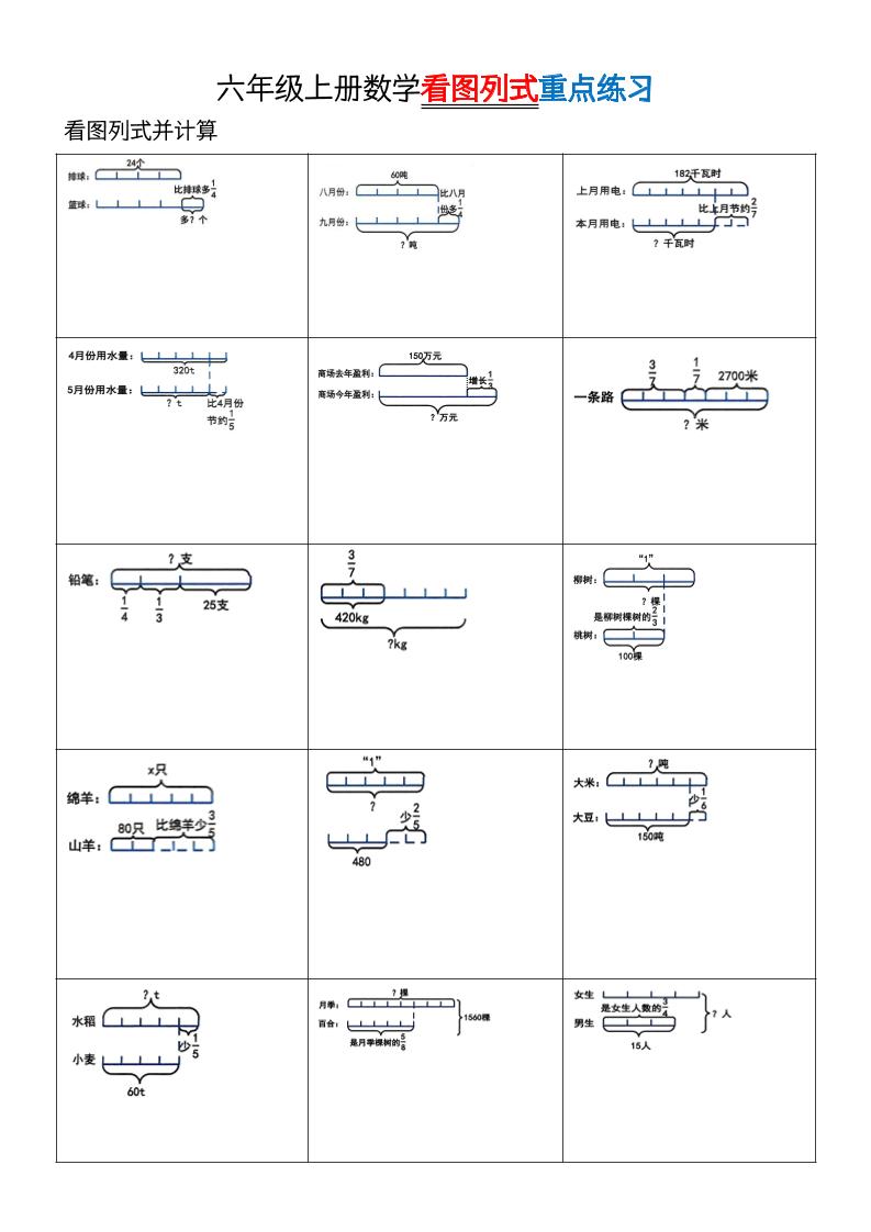 六上数学看图列式单位“1”专项练习-青禾学社