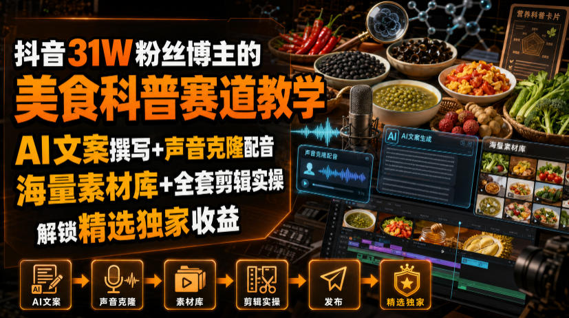 抖音31W粉丝博主的美食科普赛道教学，AI文案撰写+声音克隆配音+剪辑实操，解锁精选独家收益-青禾学社