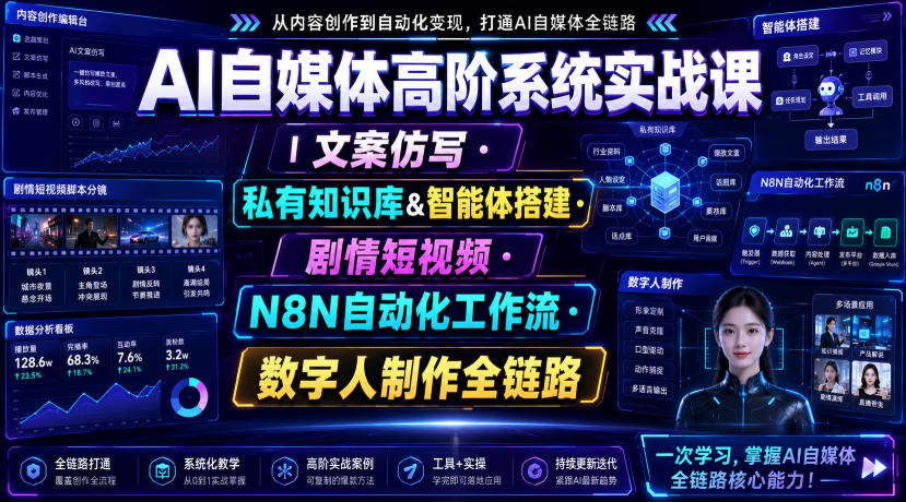AI自媒体高阶系统实战课｜文案仿写・私有知识库&智能体搭建・剧情短视频・N8N自动化工作流・数字人制作全链路-青禾学社