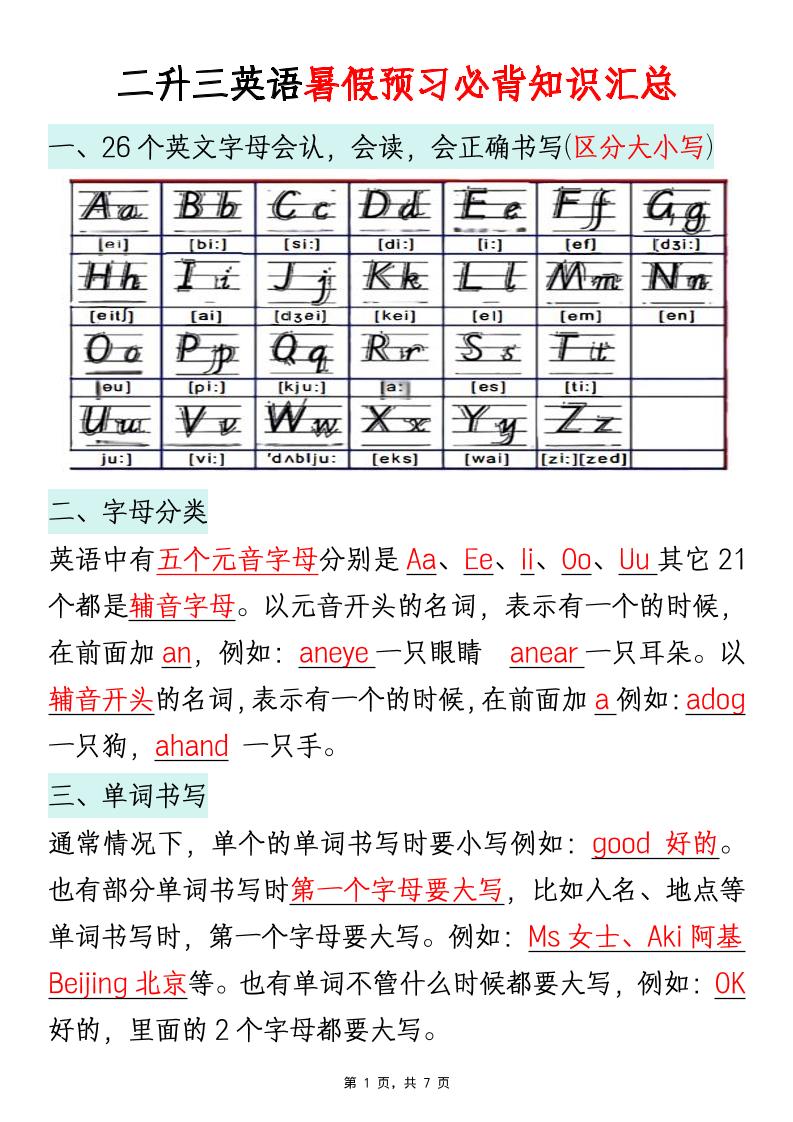 二升三英语暑假预习必背知识汇总通用版-三上英语-青禾学社