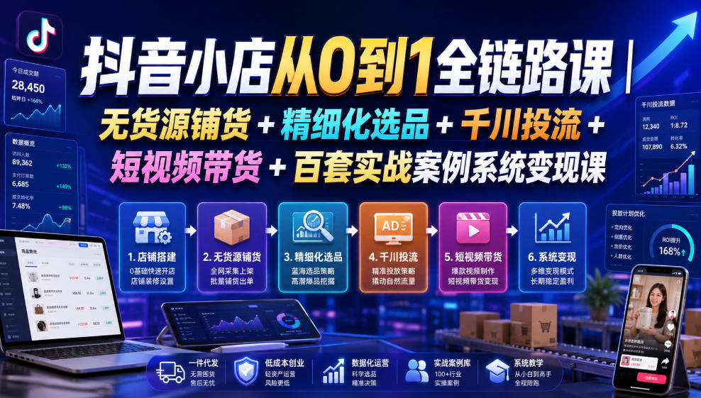 抖音小店从0到1全链路课｜无货源铺货+精细化选品+千川投流+短视频带货+百套实战案例系统变现课(2026年7月更新)-青禾学社