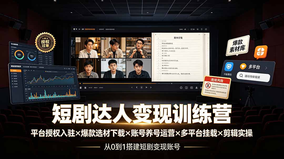 短剧达人变现训练营：平台授权入驻×爆款选材下载×账号养号运营×多平台挂载×剪辑实操×违规处理全流程-青禾学社