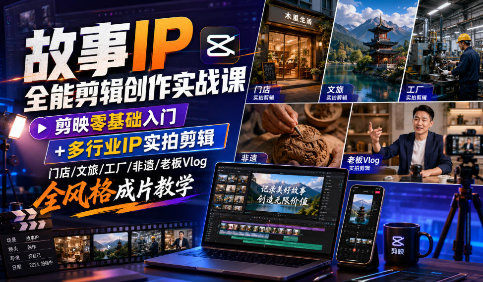 故事IP全能剪辑创作实战课｜剪映零基础入门+多行业IP实拍剪辑，门店/文旅/工厂/非遗/老板Vlog全风格成片教学-青禾学社
