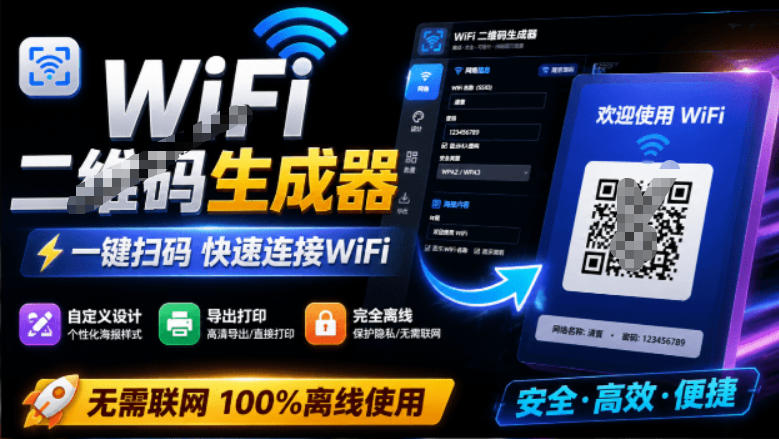 完全离线使用！WiFi二维码生成器，一键扫码快速连接WiFi，支持自定义风格导出WiFi二维码生成器-青禾学社