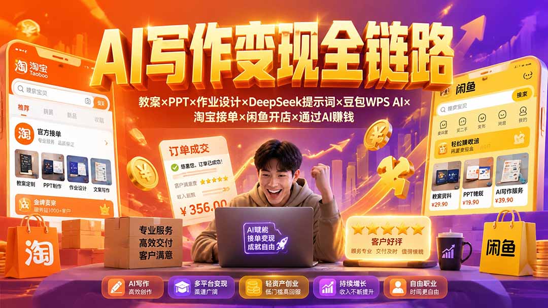2026AI写作变现全链路：教案×PPT×作业设计×DeepSeek提示词×豆包WPS AI×淘宝接单×闲鱼开店×通过AI賺钱-青禾学社