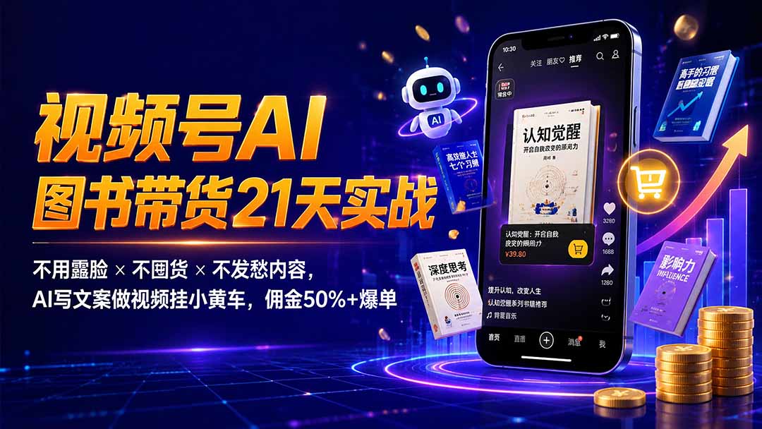 繁花视频号AI图书带货21天实战：不用露脸×不囤货×不发愁内容，AI写文案做视频挂小黄车，佣金50%+爆单-青禾学社
