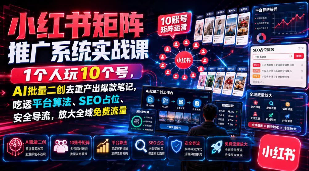 小红书矩阵推广系统实战课｜1个人玩10个号，AI批量二创去重产出爆款笔记，吃透平台算法、SEO占位、安全导流，放大全域免费流量-青禾学社