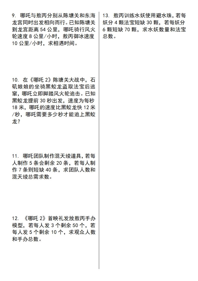 【苏教版】五下数学之《哪吒2》情景主题探究(简易方程的应用)（空白版）-青禾学社