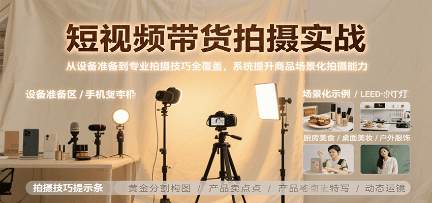 短视频带货拍摄实战,从设备准备到专业拍摄技巧全覆盖,系统提升商品场景化拍摄能力-青禾学社