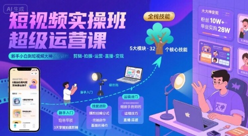 短视频实操班超级运营课，新手小白到短视频大神必修课程，剪辑-拍摄-运营-直播-变现-青禾学社