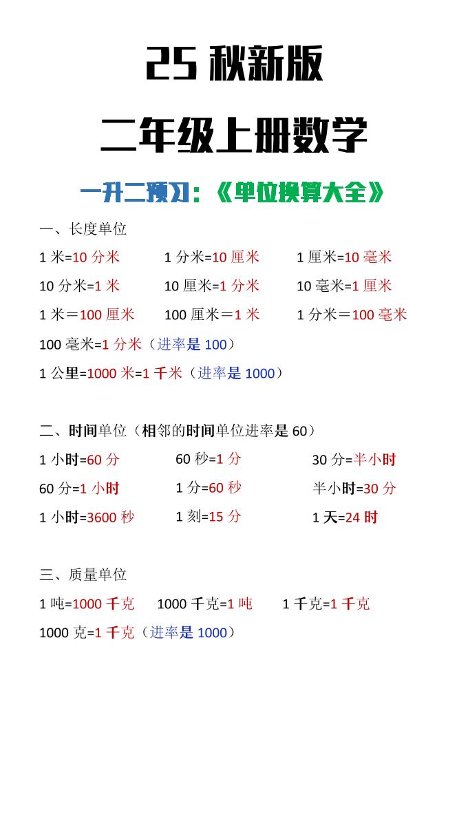 【2025秋新版】二年级上册数学单位换算大全-青禾学社