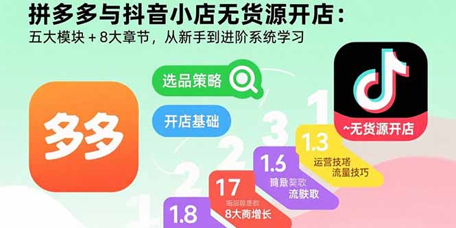 拼多多与抖音小店无货源开店:五大模块+8大章节,从新手到进阶系统学习-青禾学社