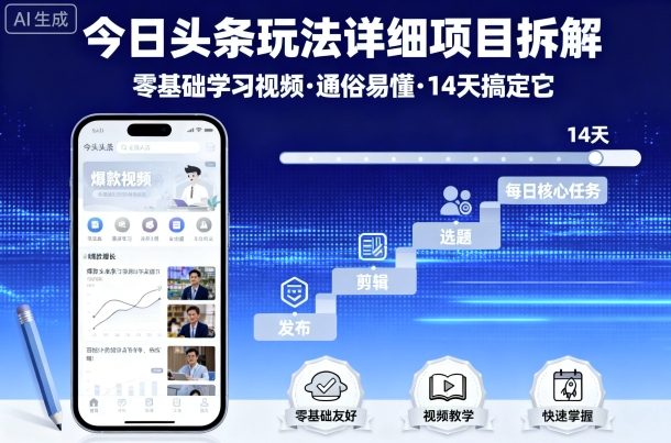 今日头条玩法详细项目拆解,零基础学习视频 通俗易懂 14天搞定它-青禾学社
