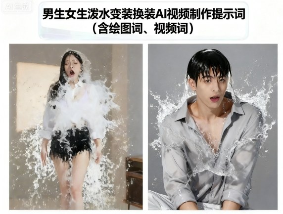 男生女生泼水变装换装AI视频制作提示词(含绘图词、视频词)-青禾学社