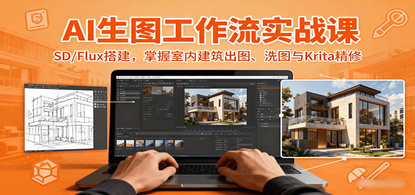 AI生图工作流实战课：SD/Flux搭建，掌握室内建筑出图、洗图与Krita精修-青禾学社