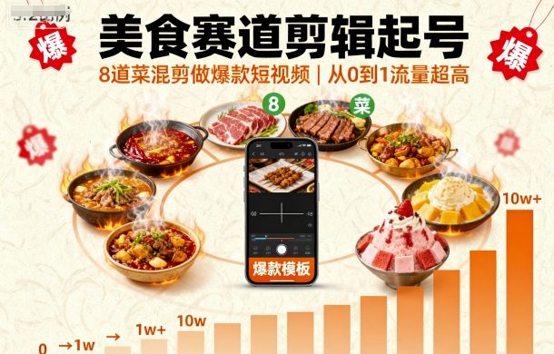 美食赛道剪辑起号,8道菜混剪做爆款短视频,从0到1,流量超高-青禾学社