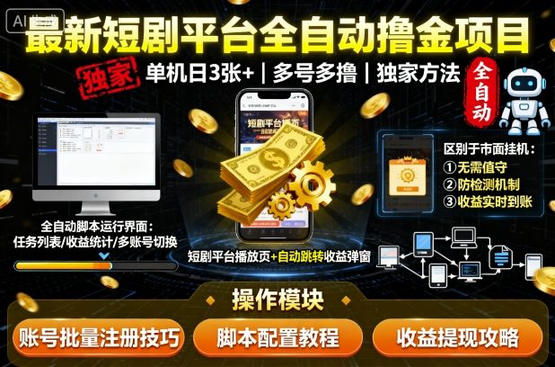 最新短剧平台全自动挂G撸金项目,单机一天3张+,多号多撸,区别于市面所有挂机项目,独家方法【揭秘】-青禾学社