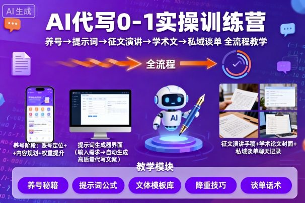 AI代写0-1实操训练营,从养号、提示词、征文演讲、学术文,到私域谈单的全流程教学-青禾学社