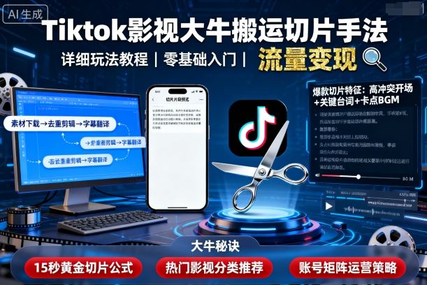 Tiktok影视大牛搬运切片手法，详细玩法教程-青禾学社