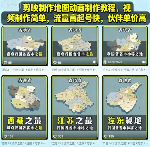 剪映制作地图动画制作教程,视频制作简单,流量高起号快,伙伴单价高-青禾学社