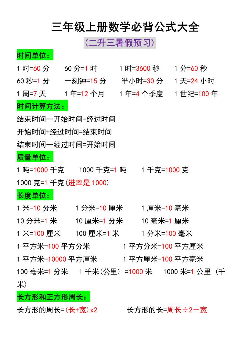 三年级上册数学必背公式大全-青禾学社