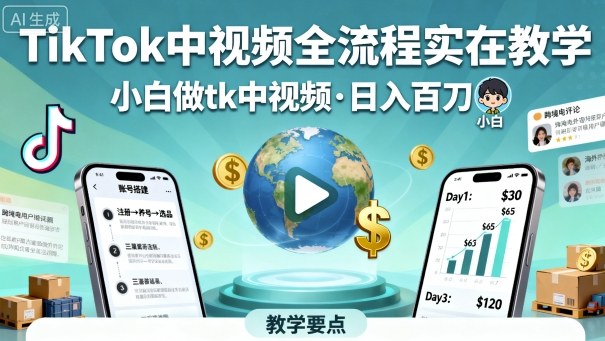 TikTok中视频全流程实操教学,小白做tk中视频,日入百刀-青禾学社