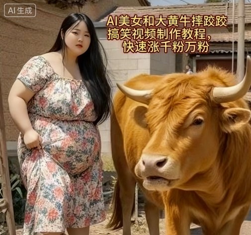 AI美女和大黄牛摔跤搞笑荒诞视频制作教程，快速涨千粉万粉-青禾学社