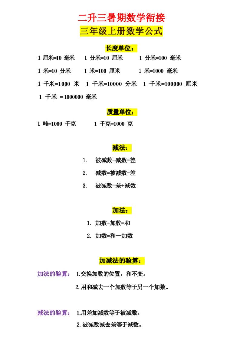 三年级上册数学公式-青禾学社