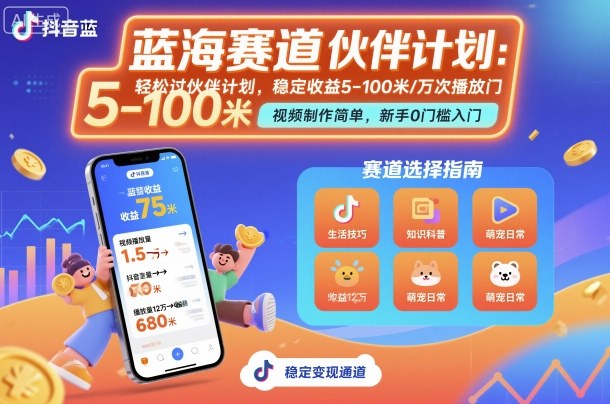 抖音蓝海赛道,轻松过伙伴计划,视频制作简单,万次播放收益在5-100米,稳定收益-青禾学社