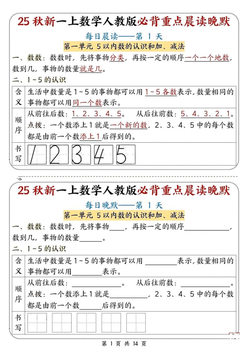 25秋新一上数学必背重点晨读晚默（人教版14页）-青禾学社