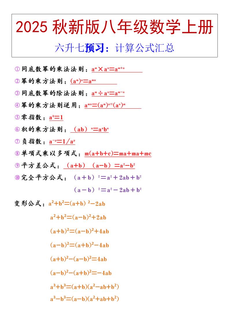 【2025秋新版】八年级上册数学计算公式汇总-青禾学社