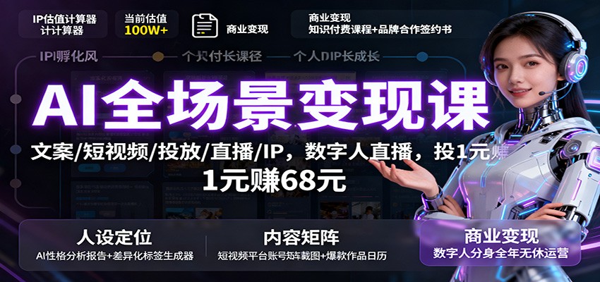 AI全场景变现课：文案/短视频/投放/直播/IP，数字人直播，投1元赚68元-青禾学社